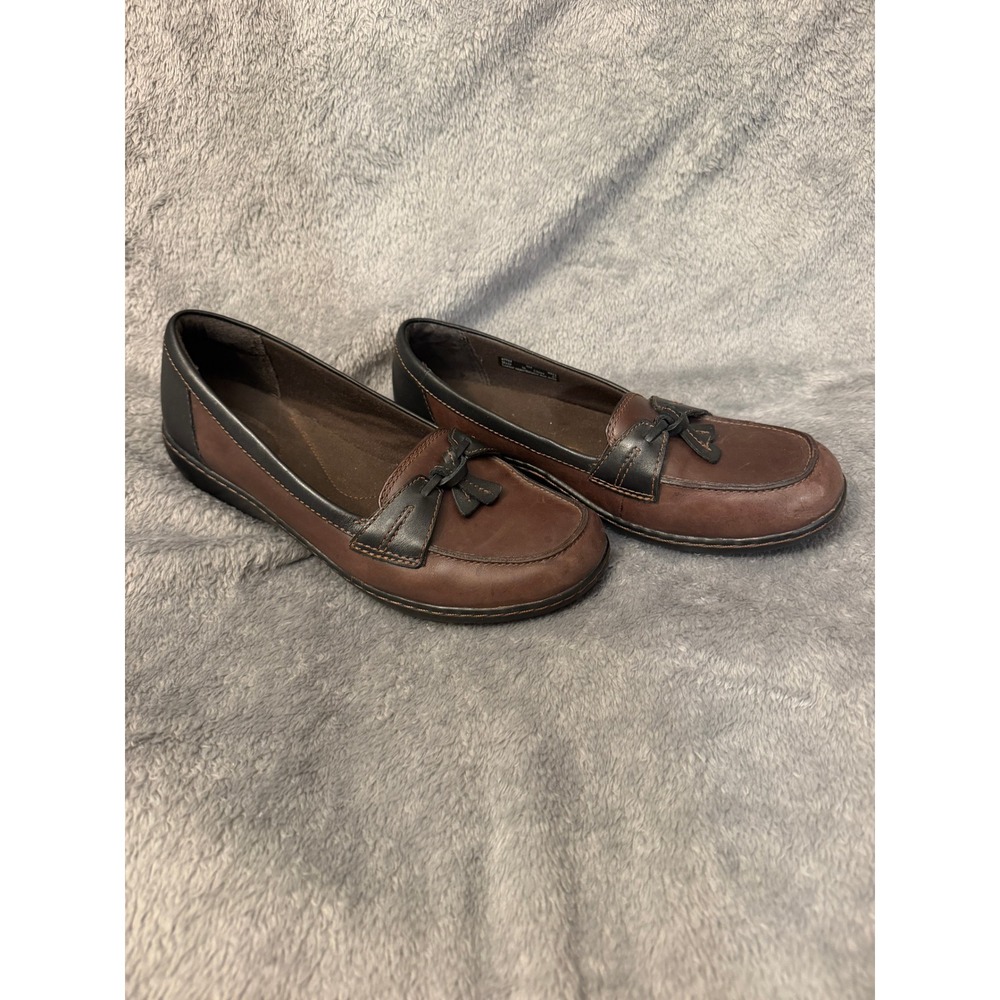 Clarks Bendables Womens Size 9M Brown Black Leather Bow Tassel Loafers Flats
